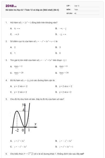Đề kiểm tra Học kì 1 Toán 12 có đáp án (Mới nhất) (Đề 6)
