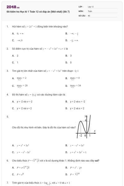 Đề kiểm tra Học kì 1 Toán 12 có đáp án (Mới nhất) (Đề 7)