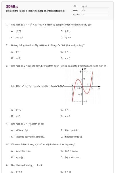 Đề kiểm tra Học kì 1 Toán 12 có đáp án (Mới nhất) (Đề 8)