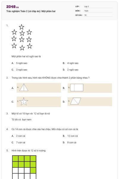 Trắc nghiệm Toán 2 (có đáp án): Một phần hai