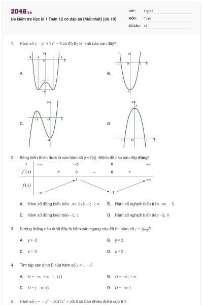 Đề kiểm tra Học kì 1 Toán 12 có đáp án (Mới nhất) (Đề 10)