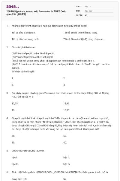 260 Bài tập Amin, Amino axit, Protein ôn thi THPT Quốc gia có lời giải (P4)