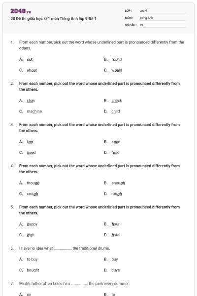 20 Đề thi giữa học kì 1 môn Tiếng Anh lớp 9 Đề 1