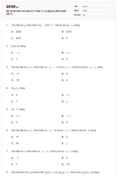 Bộ 24 Đề kiểm tra Giữa kì 2 Toán 11 có đáp án (Mới nhất) (Đề 1)