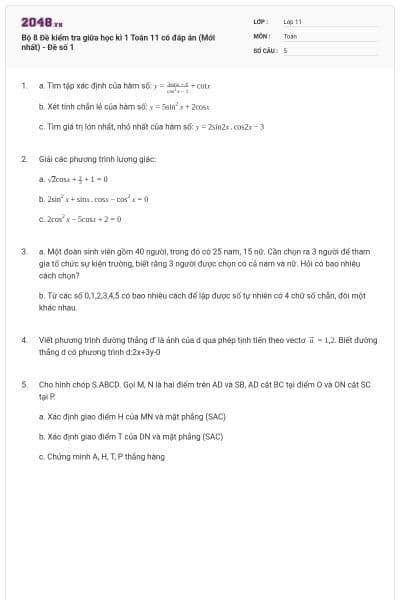 Bộ 8 Đề kiểm tra giữa học kì 1 Toán 11 có đáp án (Mới nhất) - Đề số 1