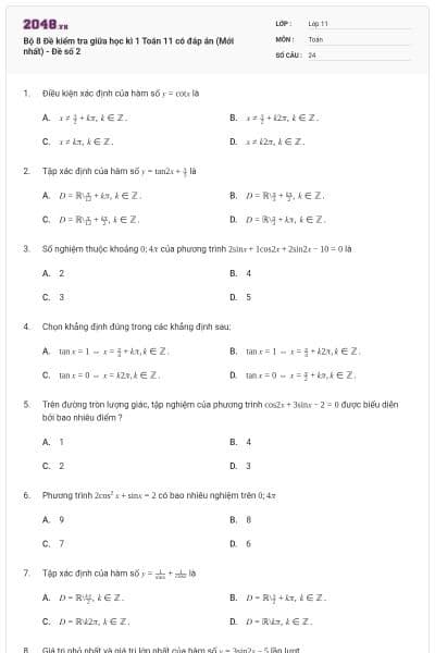 Bộ 8 Đề kiểm tra giữa học kì 1 Toán 11 có đáp án (Mới nhất) - Đề số 2