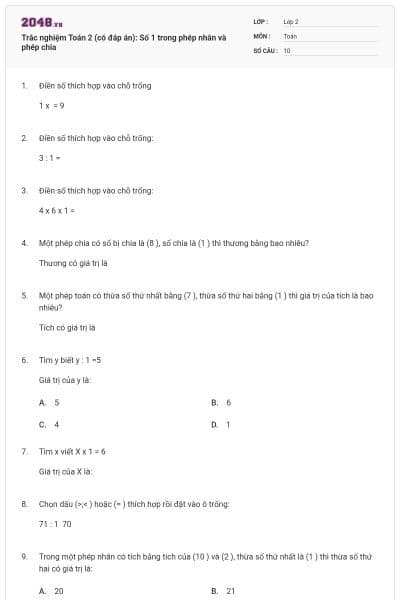 Trắc nghiệm Toán 2 (có đáp án): Số 1 trong phép nhân và phép chia