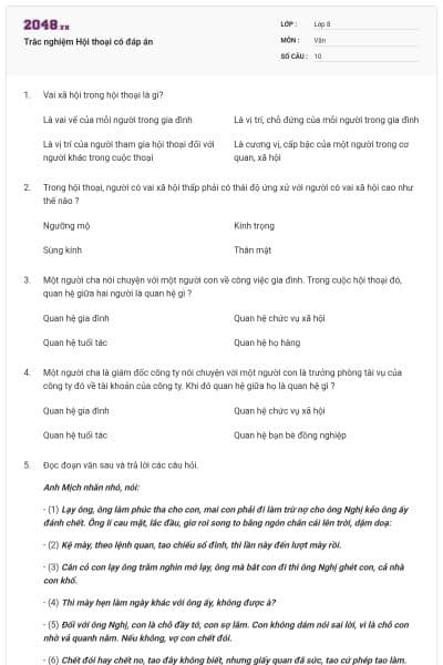 Trắc nghiệm Hội thoại có đáp án