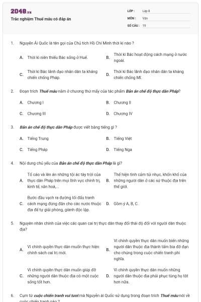 Trắc nghiệm Thuế máu có đáp án