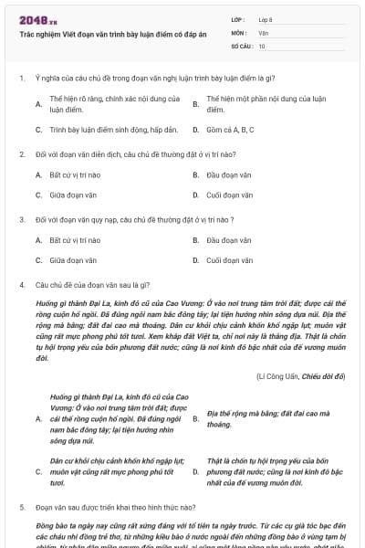 Trắc nghiệm Viết đoạn văn trình bày luận điểm có đáp án