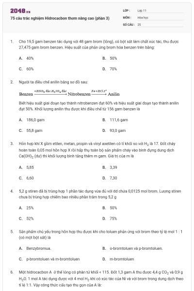 75 câu trắc nghiệm Hidrocacbon thơm nâng cao (phần 3)