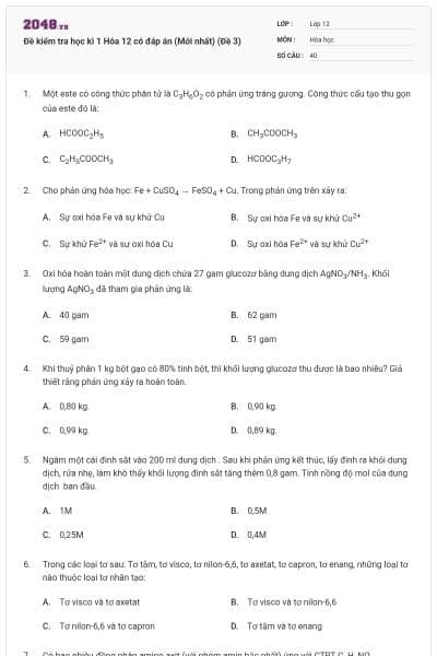 Đề kiểm tra học kì 1 Hóa 12 có đáp án (Mới nhất) (Đề 3)