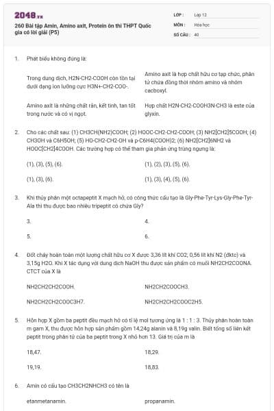260 Bài tập Amin, Amino axit, Protein ôn thi THPT Quốc gia có lời giải (P5)