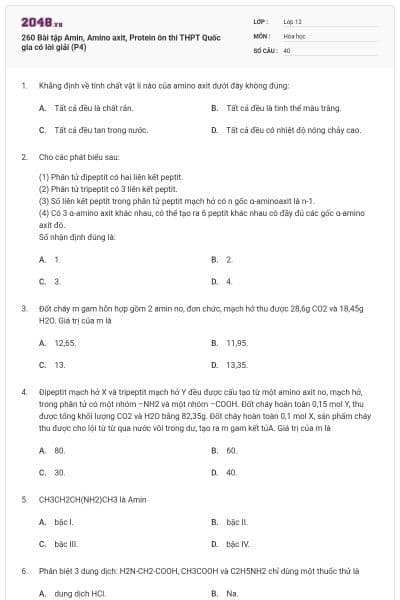 260 Bài tập Amin, Amino axit, Protein ôn thi THPT Quốc gia có lời giải (P4)
