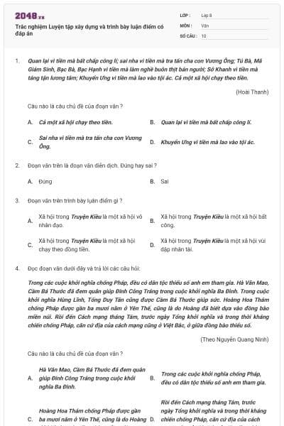 Trắc nghiệm Luyện tập xây dựng và trình bày luận điểm có đáp án