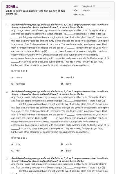 30 đề thi THPT Quốc gia môn Tiếng Anh cực hay, có đáp án (Đề 16)