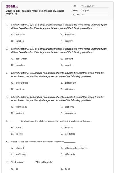 30 đề thi THPT Quốc gia môn Tiếng Anh cực hay, có đáp án (Đề 17)