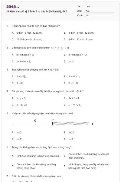 Đề kiểm tra cuối kỳ 2 Toán 8 có đáp án ( Mới nhất)_ đề 2