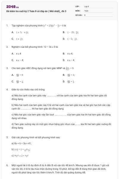 Đề kiểm tra cuối kỳ 2 Toán 8 có đáp án ( Mới nhất)_ đề 3
