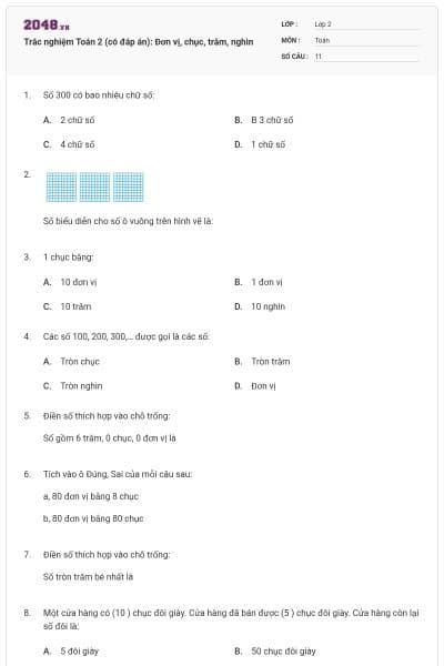 Trắc nghiệm Toán 2 (có đáp án): Đơn vị, chục, trăm, nghìn