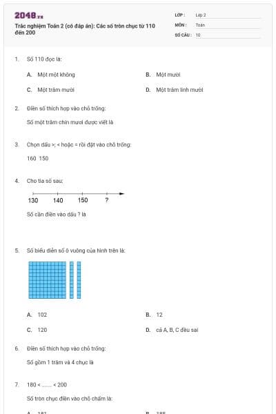 Trắc nghiệm Toán 2 (có đáp án): Các số tròn chục từ 110 đến 200
