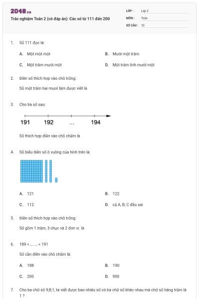 Trắc nghiệm Toán 2 (có đáp án): Các số từ 111 đến 200