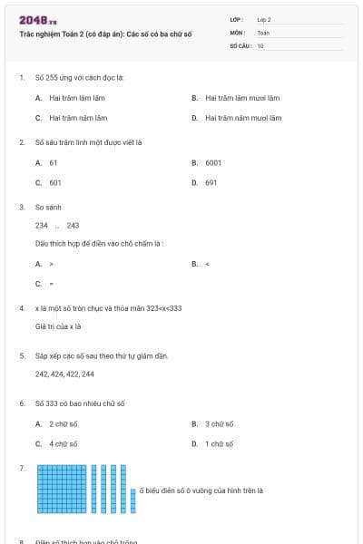 Trắc nghiệm Toán 2 (có đáp án): Các số có ba chữ số