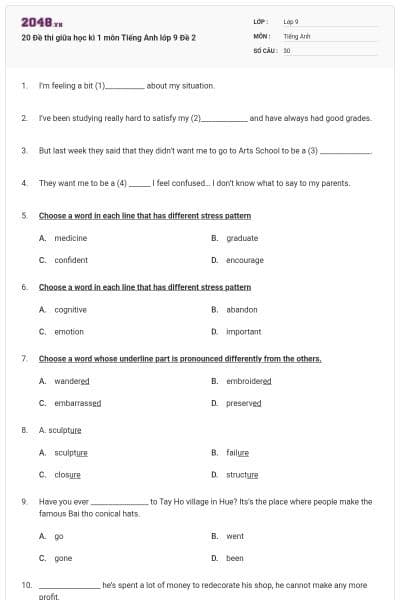 20 Đề thi giữa học kì 1 môn Tiếng Anh lớp 9 Đề 2