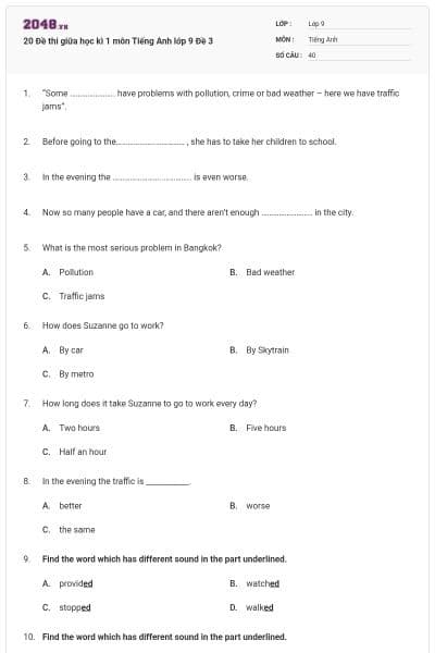 20 Đề thi giữa học kì 1 môn Tiếng Anh lớp 9 Đề 3