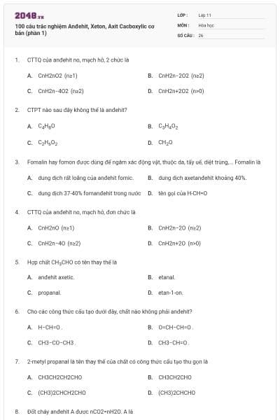 100 câu trắc nghiệm Anđehit, Xeton, Axit Cacboxylic cơ bản (phần 1)
