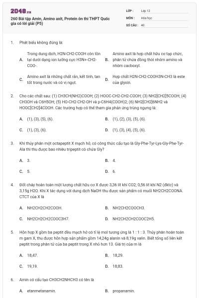 260 Bài tập Amin, Amino axit, Protein ôn thi THPT Quốc gia có lời giải (P5)