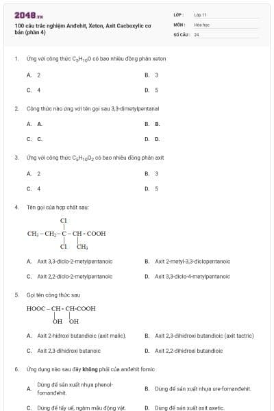 100 câu trắc nghiệm Anđehit, Xeton, Axit Cacboxylic cơ bản (phần 4)