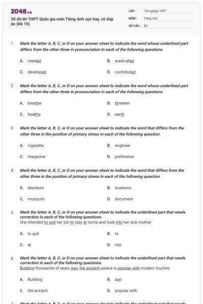 30 đề thi THPT Quốc gia môn Tiếng Anh cực hay, có đáp án (Đề 19)