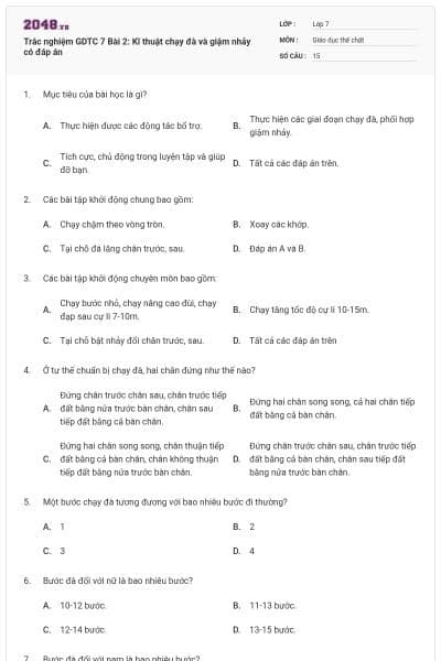 Trắc nghiệm GDTC 7 Bài 2: Kĩ thuật chạy đà và giậm nhảy có đáp án