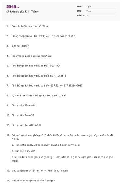 Đề kiểm tra giữa kì II - Toán 6