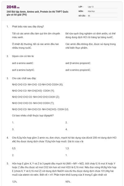 260 Bài tập Amin, Amino axit, Protein ôn thi THPT Quốc gia có lời giải (P6)