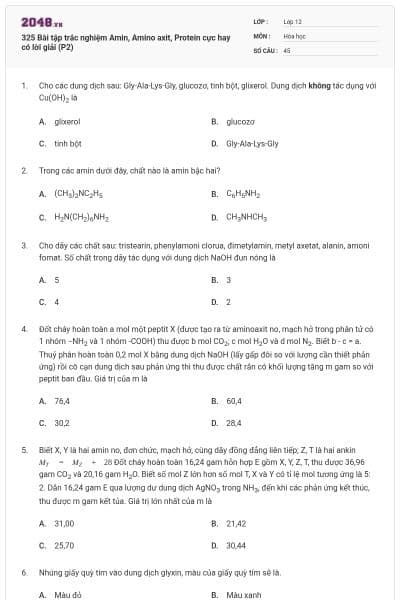 325 Bài tập trắc nghiệm Amin, Amino axit, Protein cực hay có lời giải (P2)