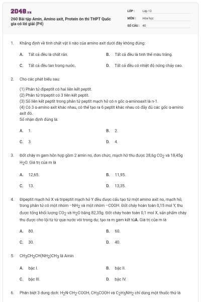 260 Bài tập Amin, Amino axit, Protein ôn thi THPT Quốc gia có lời giải (P4)