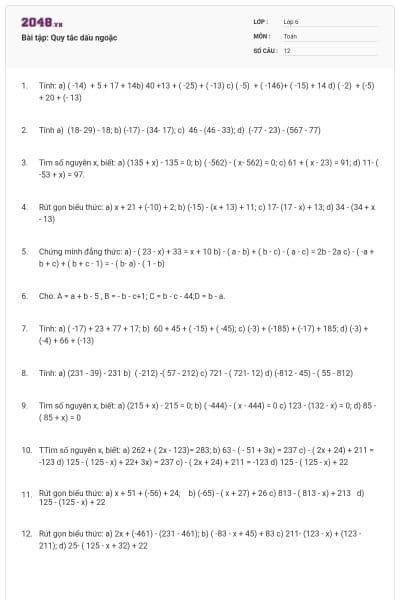 Bài tập: Quy tắc dấu ngoặc