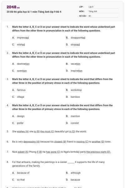 20 Đề thi giữa học kì 1 môn Tiếng Anh lớp 9 Đề 4