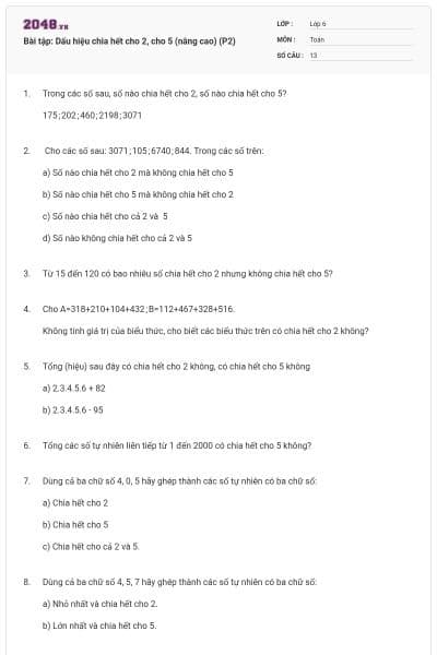 Bài tập: Dấu hiệu chia hết cho 2, cho 5 (nâng cao) (P2)