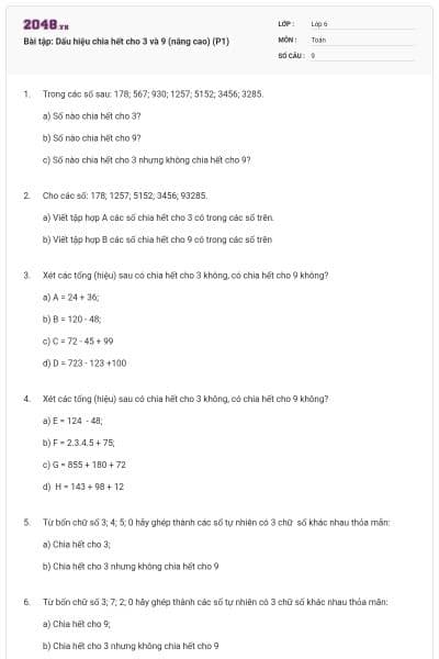 Bài tập: Dấu hiệu chia hết cho 3 và 9 (nâng cao) (P1)