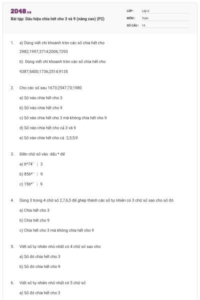 Bài tập: Dấu hiệu chia hết cho 3 và 9 (nâng cao) (P2)