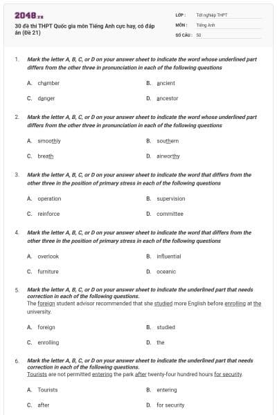 30 đề thi THPT Quốc gia môn Tiếng Anh cực hay, có đáp án (Đề 21)