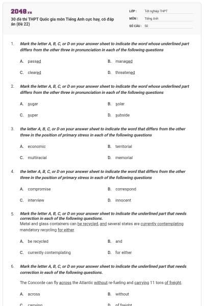 30 đề thi THPT Quốc gia môn Tiếng Anh cực hay, có đáp án (Đề 22)