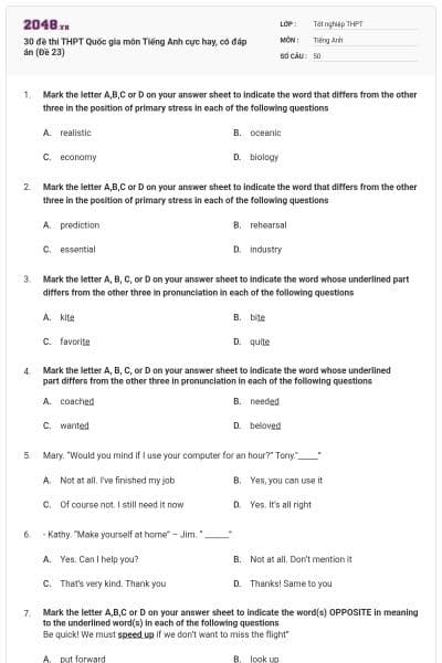 30 đề thi THPT Quốc gia môn Tiếng Anh cực hay, có đáp án (Đề 23)