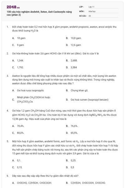100 câu trắc nghiệm Anđehit, Xeton, Axit Cacboxylic nâng cao (phần 3)