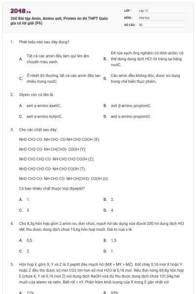 260 Bài tập Amin, Amino axit, Protein ôn thi THPT Quốc gia có lời giải (P6)