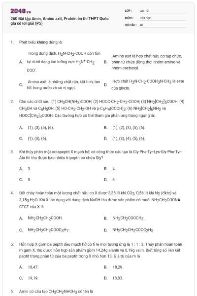 260 Bài tập Amin, Amino axit, Protein ôn thi THPT Quốc gia có lời giải (P5)