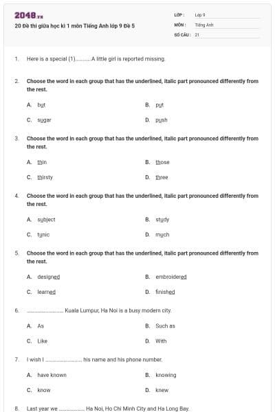 20 Đề thi giữa học kì 1 môn Tiếng Anh lớp 9 Đề 5